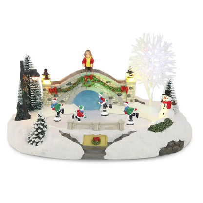 Animated Christmas Village Skating Scene Collection Building Figurines Lights Ice Skating Rink Decoration Accessory Musical USB