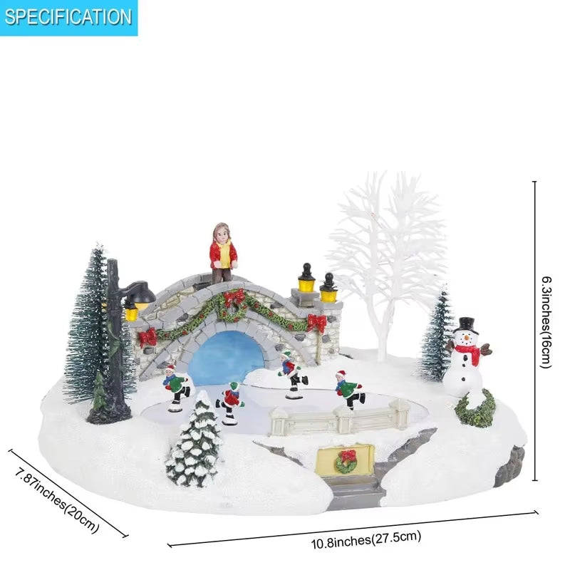 Animated Christmas Village Skating Scene Collection Building Figurines Lights Ice Skating Rink Decoration Accessory Musical USB