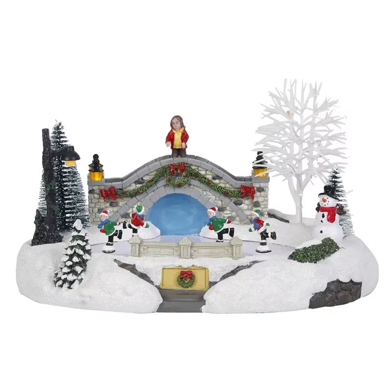 Animated Christmas Village Skating Scene Collection Building Figurines Lights Ice Skating Rink Decoration Accessory Musical USB