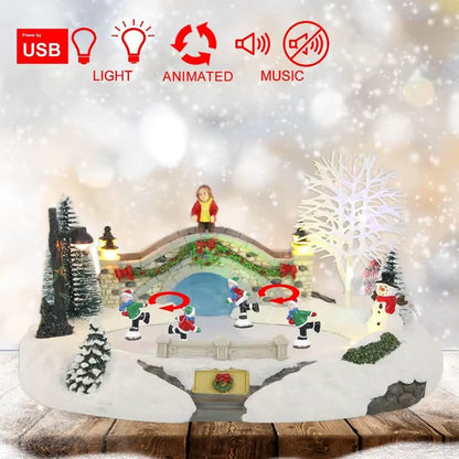 Animated Christmas Village Skating Scene Collection Building Figurines Lights Ice Skating Rink Decoration Accessory Musical USB